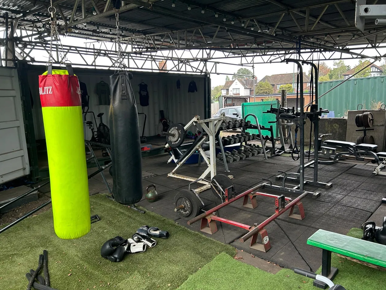 the outdoor gym showing weights, boxing bag and other strength equipment