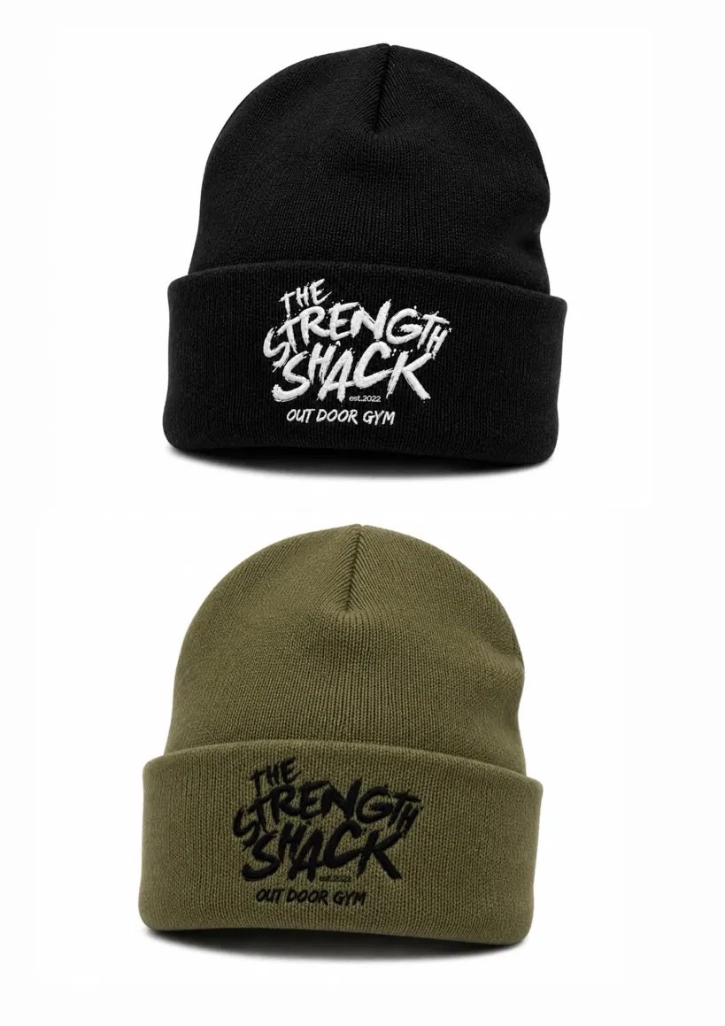 a comfy gym beanie with the strength shack logo on the front and it comes in two colours,black and khaki