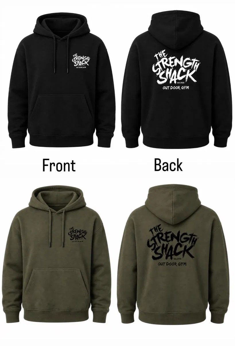 a comfy gym hoodie with a joint front pocket, a large the strength shack logo on the back, they come in two colours,black and khaki