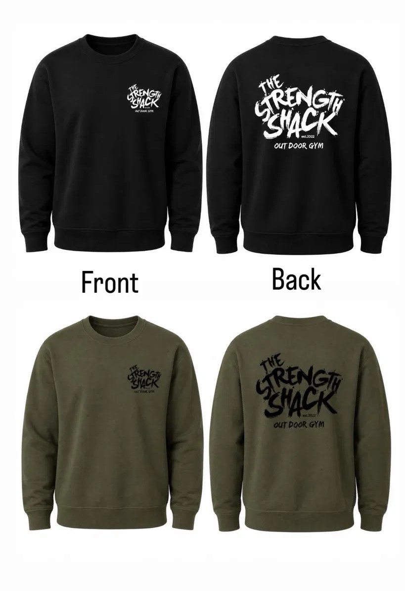 a comfy gym sweatshirt with the strength shack logo in two colours,black and khaki
