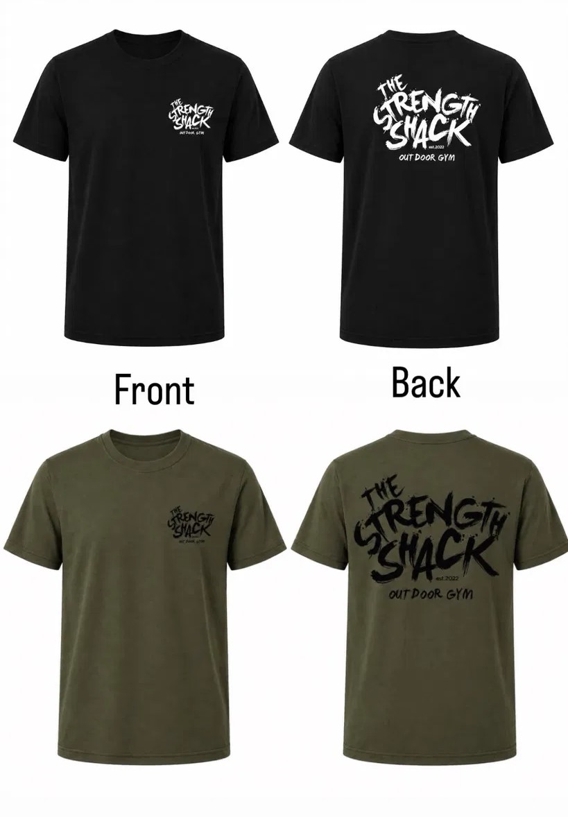 a comfy gym T-shirt with the strength shack logo in two colours,black and khaki