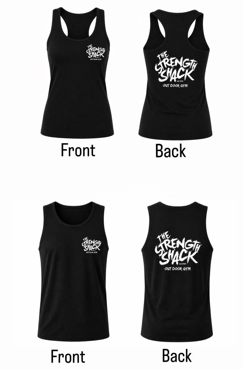 a comfy gym vest, both male and female versions with the strength shack logo in black